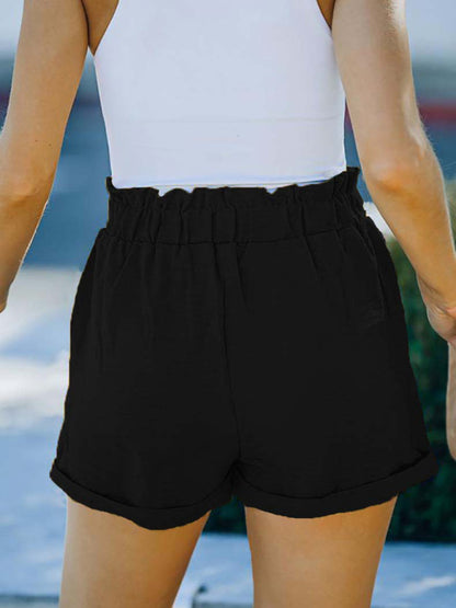 Women's Solid Color Belted Linen Shorts