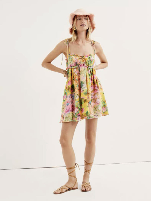 Lace-up French niche color-block floral sling dress with wooden ears
