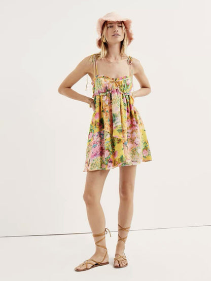 Lace-up French niche color-block floral sling dress with wooden ears