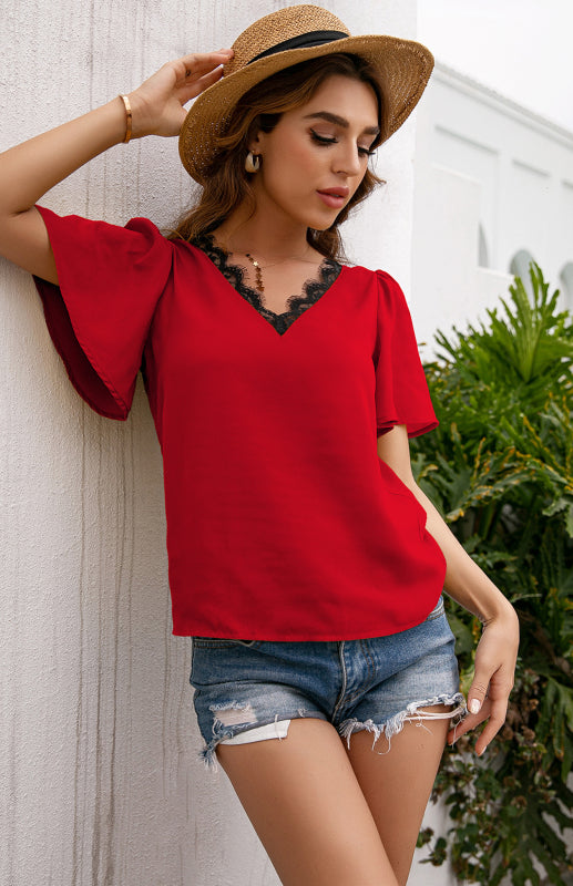Women's V-Neck Panel Lace Trim Ruffle Sleeves Loose Solid Color Top