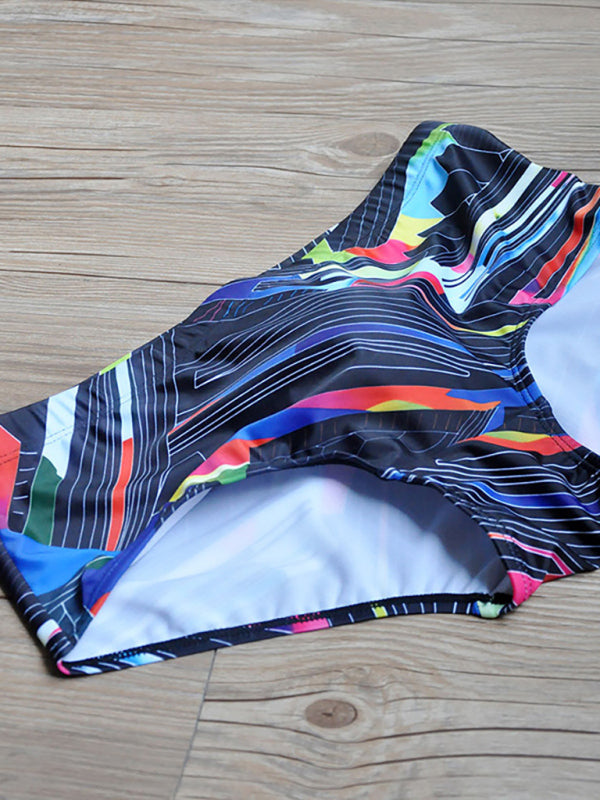 Men's Colorful Lines Geometric Irregular Print Boxer Swim Shorts