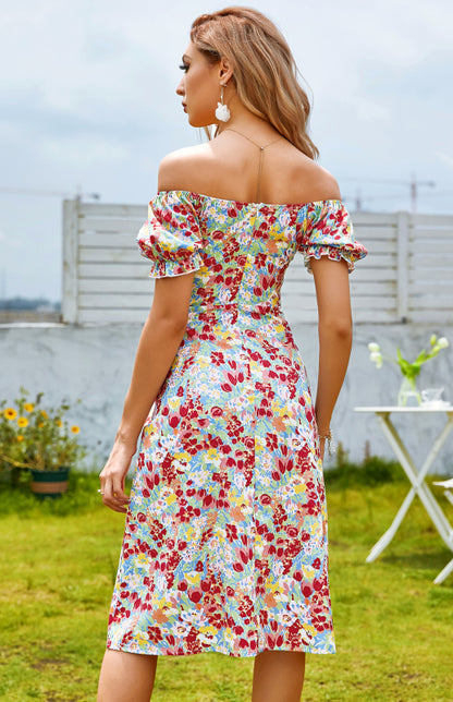 Women's One Shoulder Floral Side Slit Dress