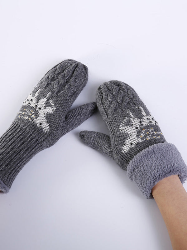 Women's Christmas Fawn Hot Diamond Wool Tie Warm Gloves