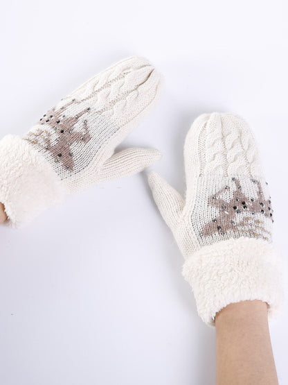 Women's Christmas Fawn Hot Diamond Wool Tie Warm Gloves