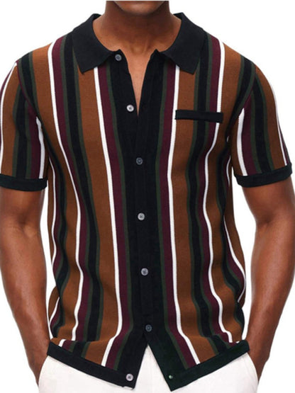 Men's single Breasted Color Contrast Stripe Short Sleeve Shirt