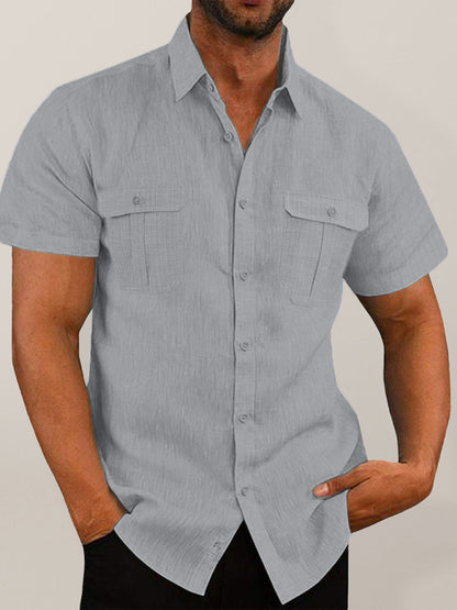 Men's Shirt Double Pocket Cotton Linen Short Sleeve Shirt Casual Vacation Shirt