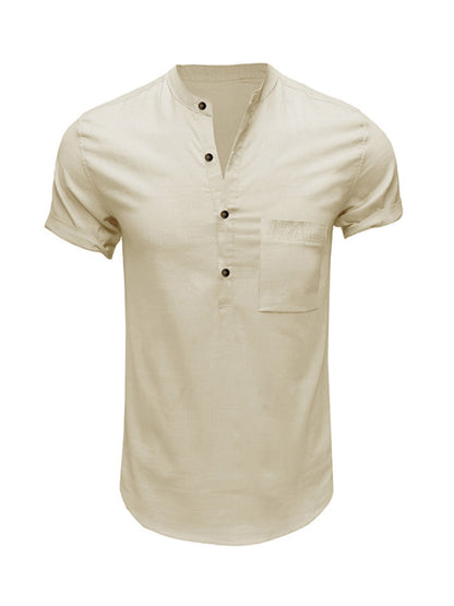 Men's Woven Casual Stand Collar Linen Short Sleeve Shirt
