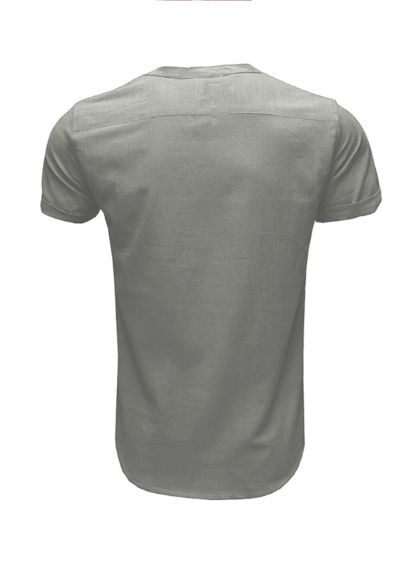 Men's Woven Casual Stand Collar Linen Short Sleeve Shirt