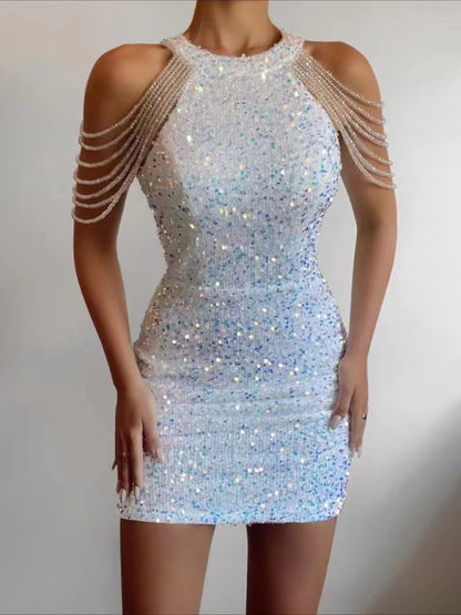Sequined Chain Beads Bodycon Party Dress