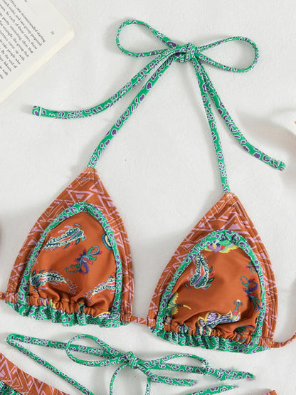 Women's Ethnic Print Halter Neck Tie Bikini Set