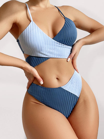 Women's solid color color block thick pit strip cross strap high waist bikini