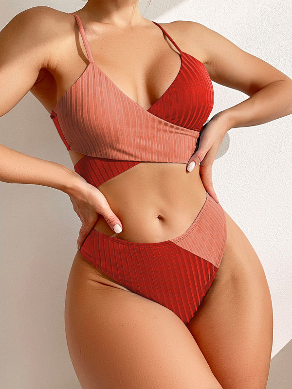 Women's solid color color block thick pit strip cross strap high waist bikini