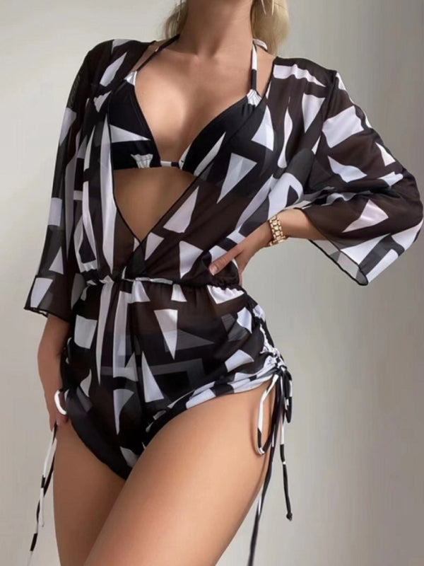 Women's Tropical Print Bikini Deep V-neck Long Sleeve Three Pieces Set