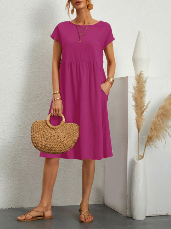 Women's Solid Color Cotton Linen Round Neck A-Line Dress