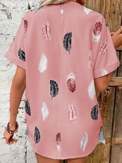 Women's Lapel Feather Print Shirt Short Sleeve Shirt