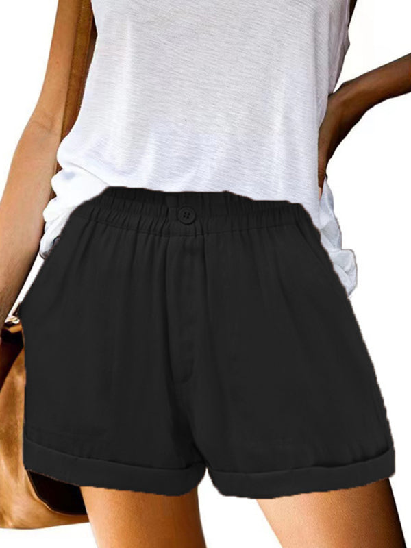 Women's Elastic Solid Color Buckle Zipper Pocket Casual Shorts