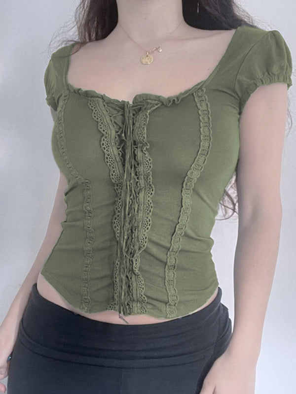 Retro sexy low-cut V-neck lace stitching bow knit sweater classical temperament waist top