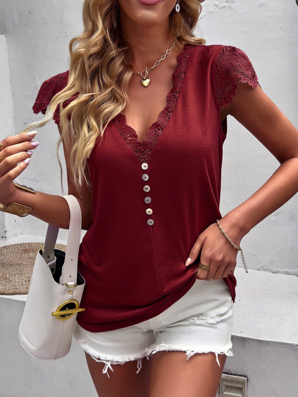 Women's Solid Color V-neck Ruffle Cap Sleeve Blouse